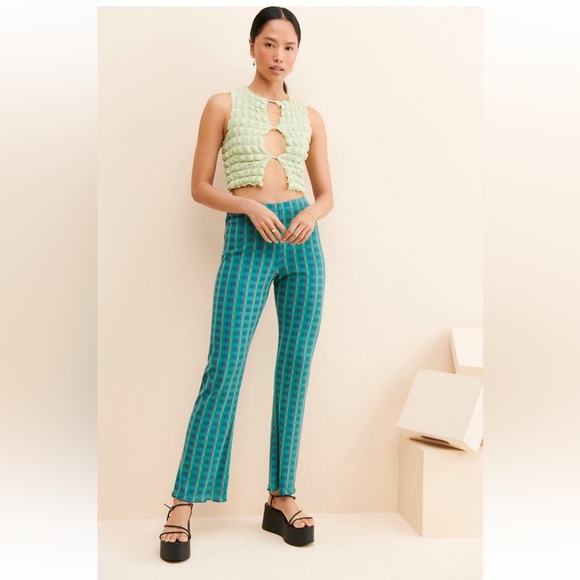 Find me now Eden meshpants free people szS plaid shimmer teal blue stretch flare - Picture 1 of 1